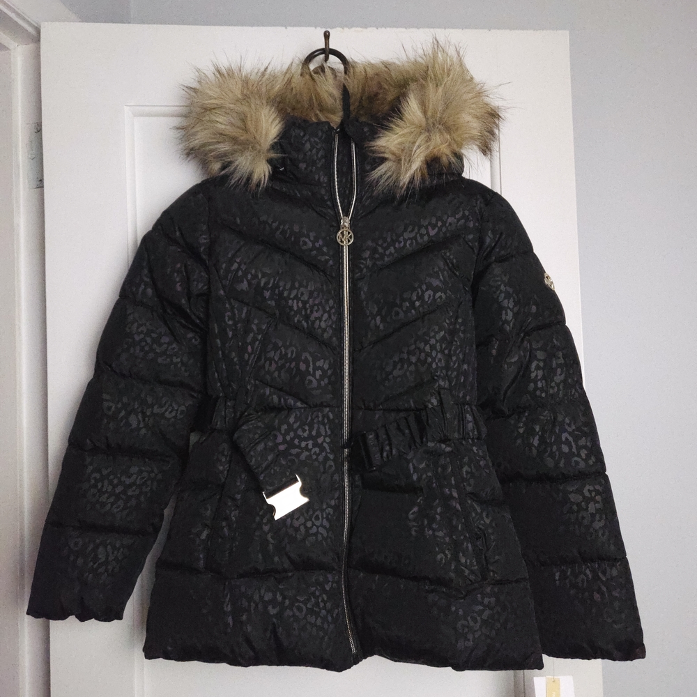 New Michael Kors Black Leopard Puffer Coat | Faux Fur Hood | Girls 10/12 | NWT